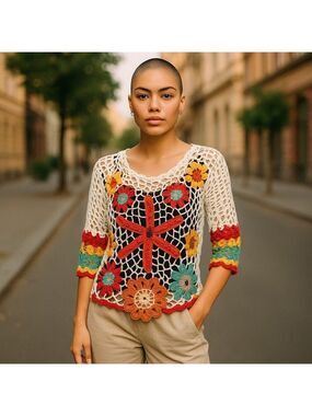 Textile Artist Crochet Floral Top Size M